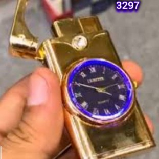 ولاعة غاز ذهبى مزودة بساعة متعددة الاضاءات (code3297) 