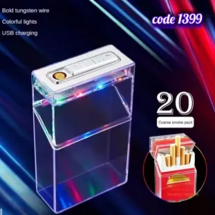 حافظة سجائر شفافة مضيئة مزودة بولاعة شحن USB (code1399)